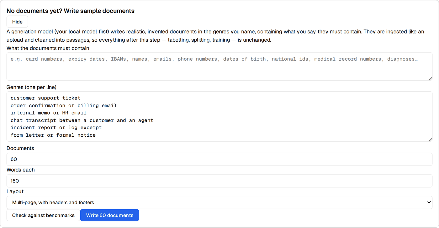 The No documents yet? Write sample documents card, opened: a text area for what the documents must contain, Genres one per line, Documents 60, Words each 160, a Layout select reading Multi-page, with headers and footers, and the buttons Check against benchmarks and Write 60 documents