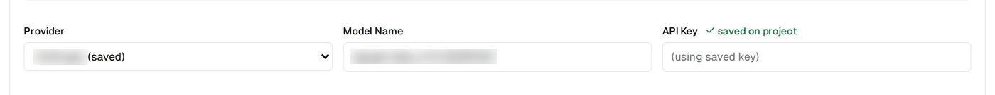 The provider row on Data → Generate: the cloud provider (saved), its Model Name, and the API Key field marked saved on project with the placeholder (using saved key)