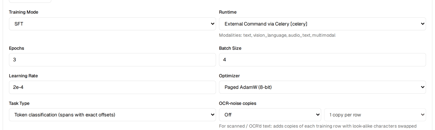 The Model and hyperparameters section on Train: Training Mode SFT, Runtime External Command via Celery, Epochs, Batch Size, Learning Rate, Optimizer Paged AdamW (8-bit), Task Type set to Token classification (spans with exact offsets), and OCR-noise copies (Off, 1 copy per row) beside it