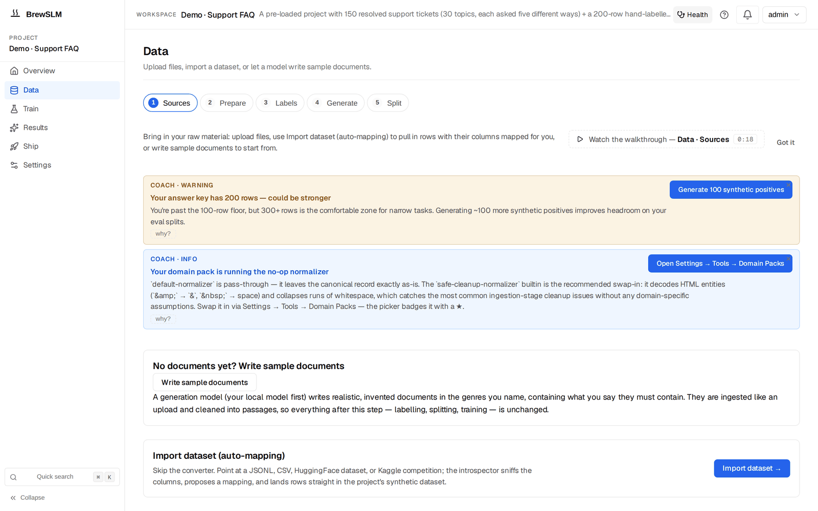 The Data destination on step 1 Sources: a step bar 1 Sources, 2 Prepare, 3 Labels, 4 Generate, 5 Split; a tip line with Watch the walkthrough; two Coach notices with action buttons; cards for Write sample documents and Import dataset (auto-mapping).