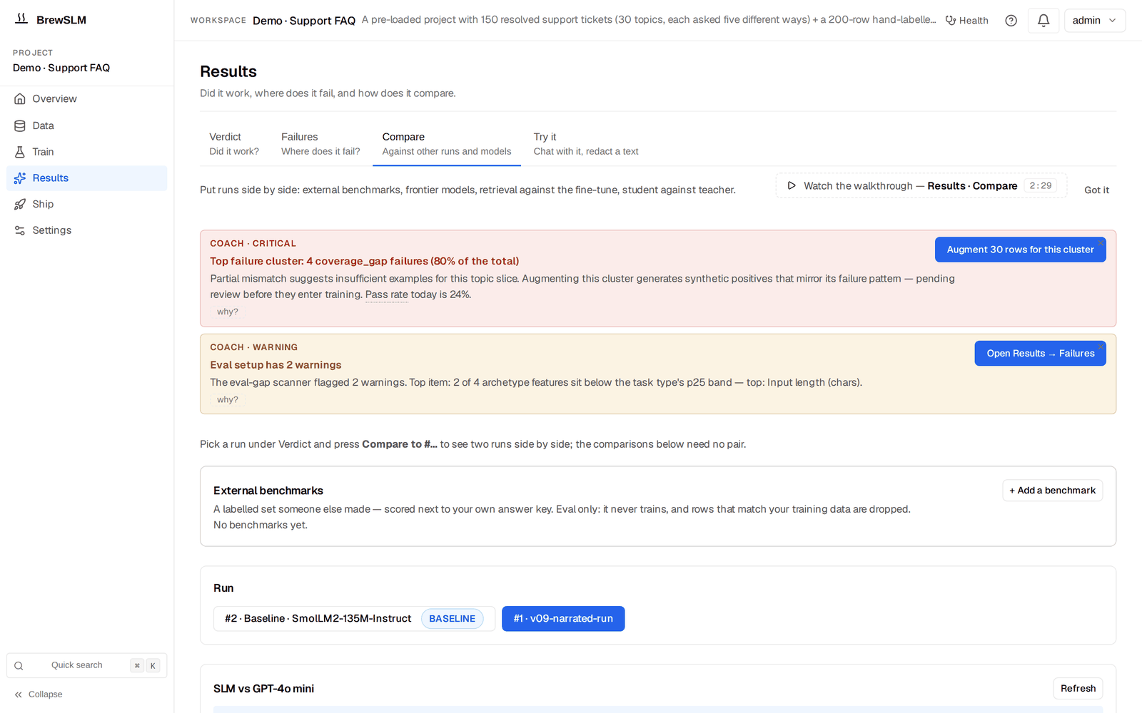 The Results page on the Compare tab: a hint to pick a run under Verdict and press 'Compare to #…', an External benchmarks card with '+ Add a benchmark', a Run picker showing the baseline and the trained run, and the top of an Auto-RAG comparison card.