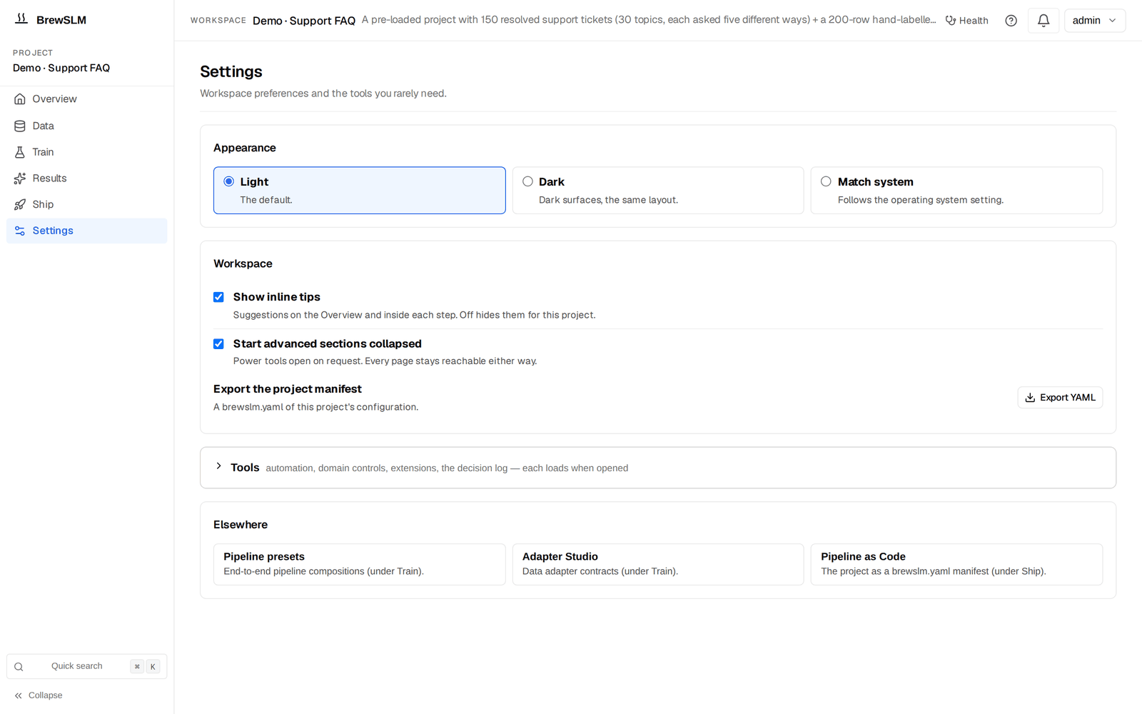 The project Settings page: Appearance, Workspace switches, export the project manifest, and a collapsed Tools section that holds the Domain Packs and Domain Profiles panels.